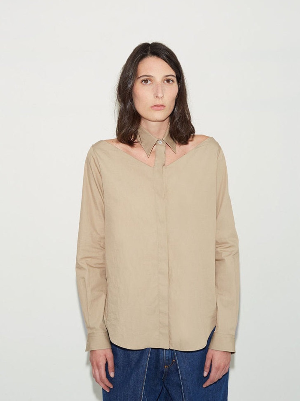 AALTO Paris Cut Out Collar Shirt Tan Beige Cotton Poplin Button Down Top 34 Us 2